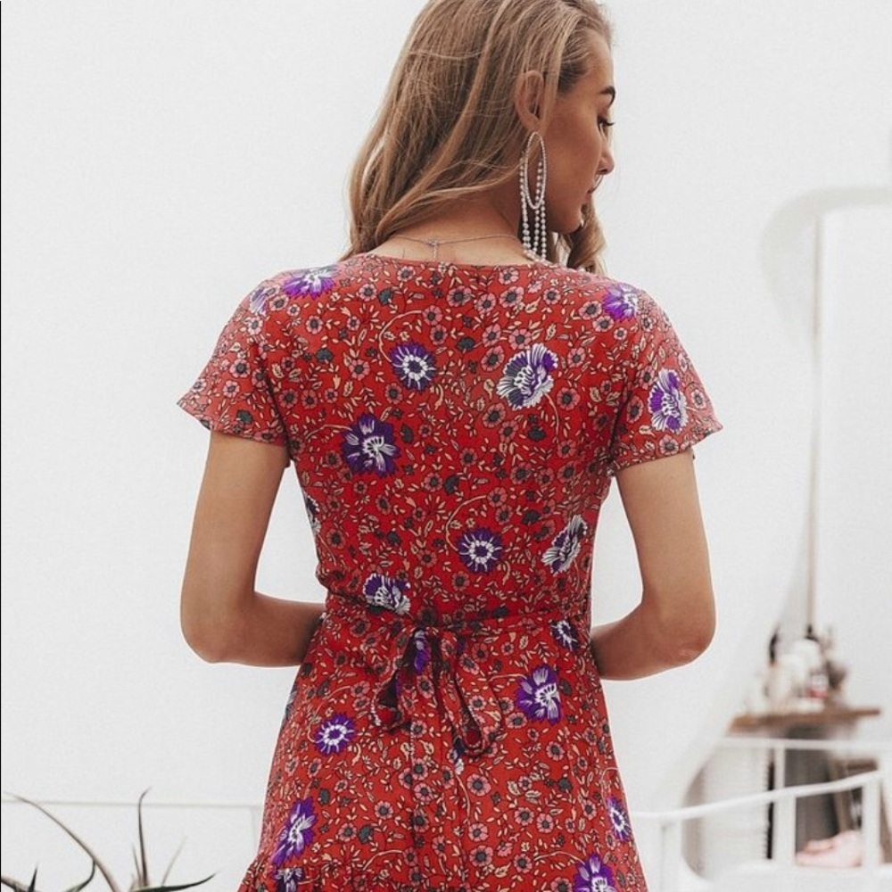 Red Mini Blue Floral Ruffle Wrap Dress - Picture 14 of 14